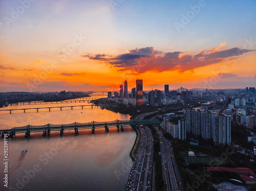 Aerial view of the Hangang River Seoul city center South Korea