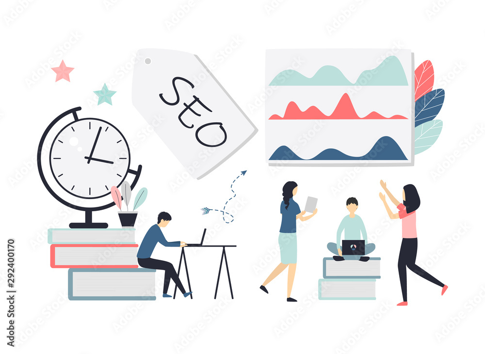 SEO concept. Website promotion, analysis of search results, keyword search, online store ranking, infographics, business, content marketing. Seo team work. Vector illustration in a flat style.