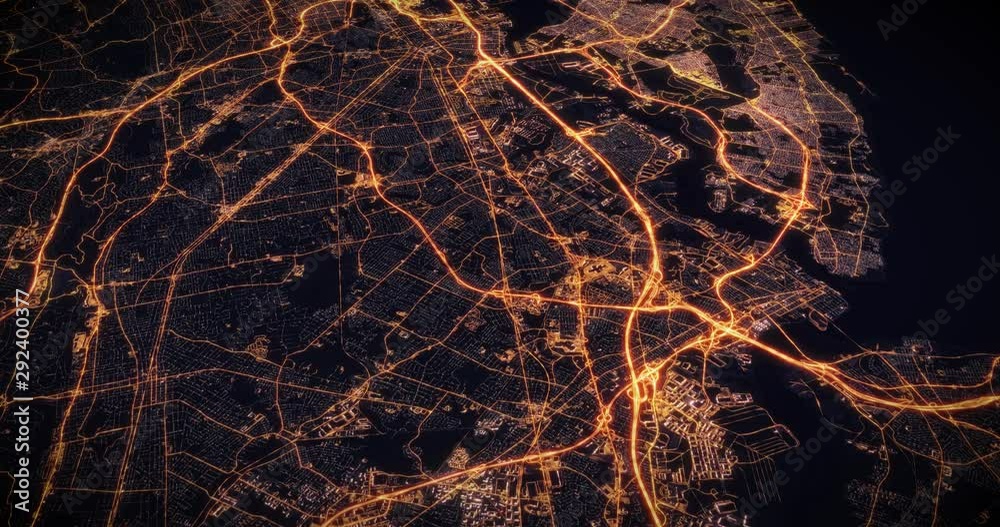Aerial night view of city of New York, America, USA. Traffic and street light glowing. Camera flying above space filming cinematic straight and tilting down. 3d animation rendering.