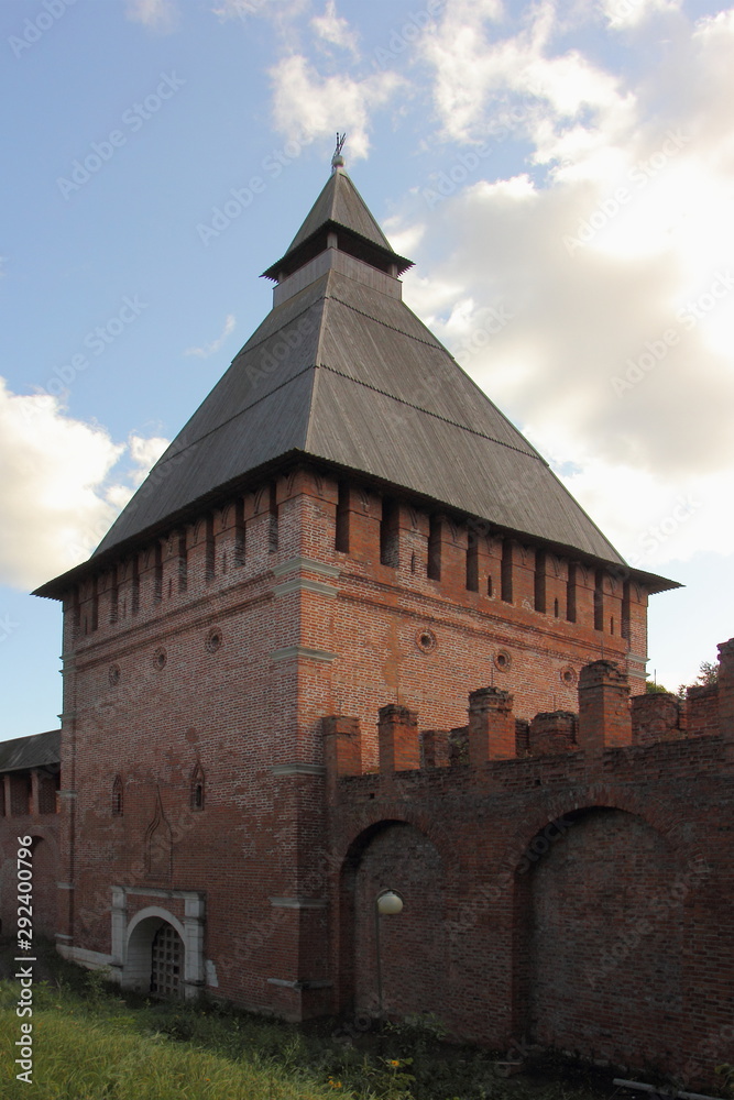 Smolensk, Russia, Brick tower on old city fortress wall in Park Lopatinsky Garden on summer day