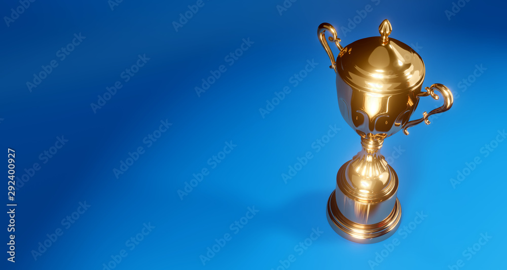 Shiny gold trophy on a blue background, 3D render illustration Shiny gold trophy on a blue background, 3D render illustration