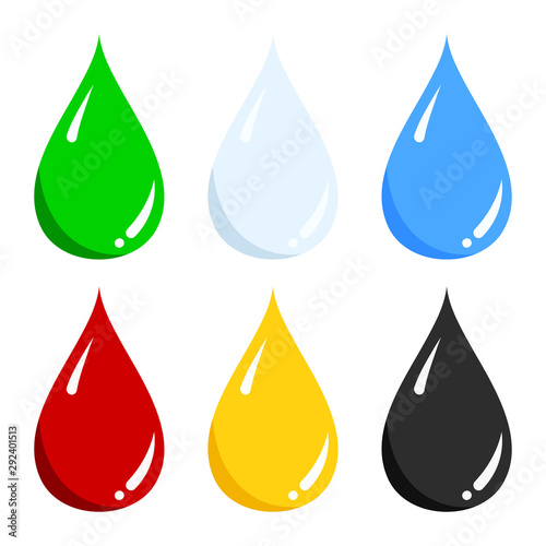 Vector set of blue water  green  light blue milk  red blood  yellow honey  black oil liquid drop icon isolated on white.