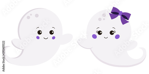 Vector clipart set flat style kawaii cute sweet cartoon boy and girl with bow ghost isolated on white background.
