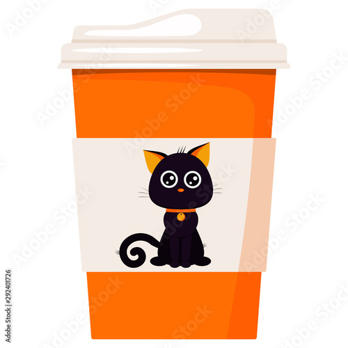 Vector flat design cartoon style paper coffee or tea cup decorated cartoon Halloween concept character - cute black cat