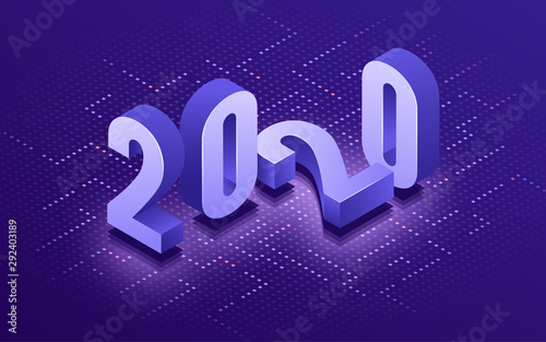 Happy New Year 2020 isometric typographic technology background