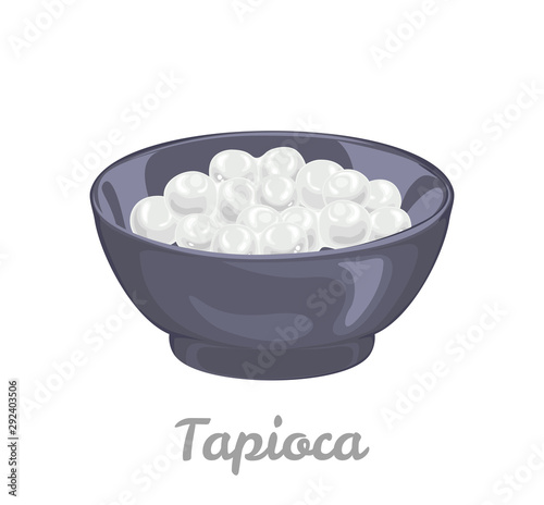 Tapioca white pearls in black bowl isolated on white background. Vector illustration of tapioca ball or boba  for bubble tea in cartoon simple flat style.