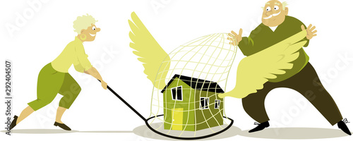 Senior couple caught a winged house in a butterfly net, EPS 8 vector illustration