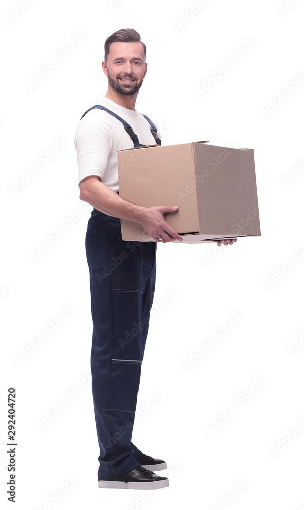 man in workwear with cardboard box isolated on white background man in workwear with cardboard box isolated on white background