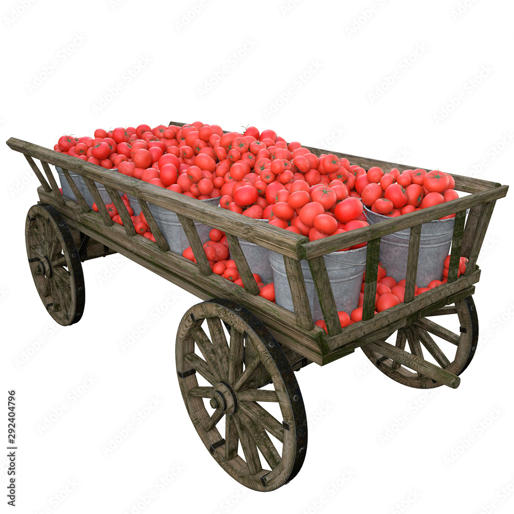 Ripe tomatoes in a wooden cart