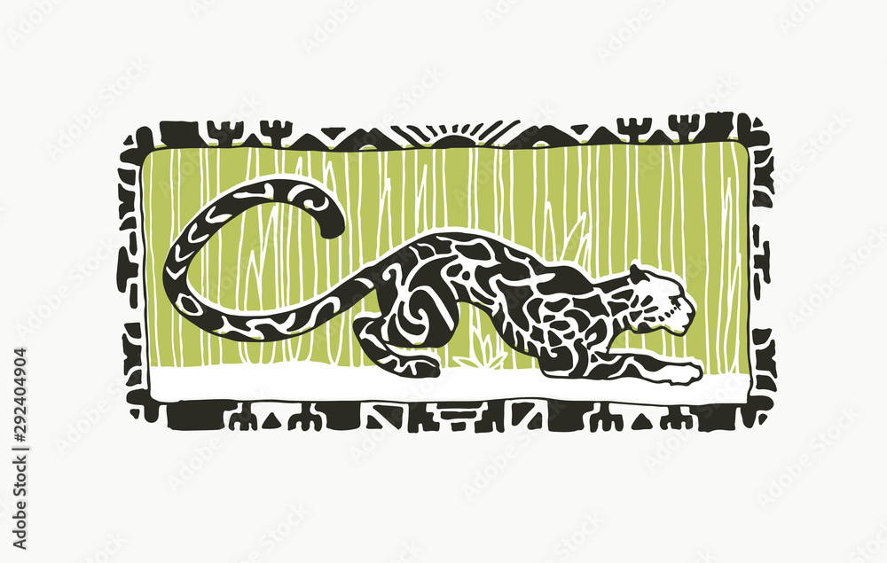 Vector hand drawn illustration with leopard on floral background in linocut style. Hand drawn sketch of jaguar with ornamental spots on fur Vector hand drawn illustration with leopard on floral background in linocut style. Hand drawn sketch of jaguar with ornamental spots on fur