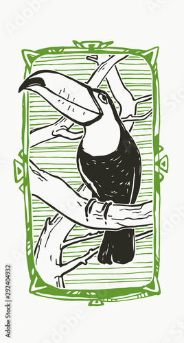Vector hand drawn illustration with toucan in linocut style isolated on white. Tropical bird on tree branch in ornamental tribal frame for print. Animals of South America