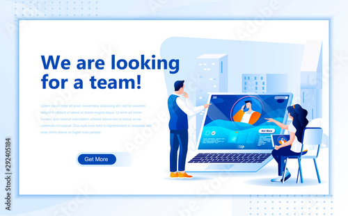 Looking for team web page design template of homepage or header images decorated people for website and mobile website development. Flat landing page template. Vector illustration.