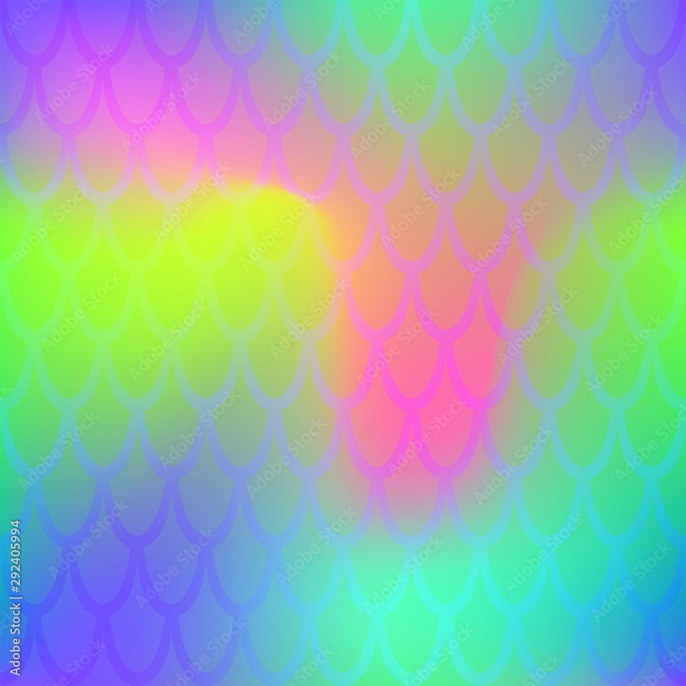 Iridescent fish scale seamless pattern. Vibrant rainbow mermaid background. Fish skin pattern over colorful mesh