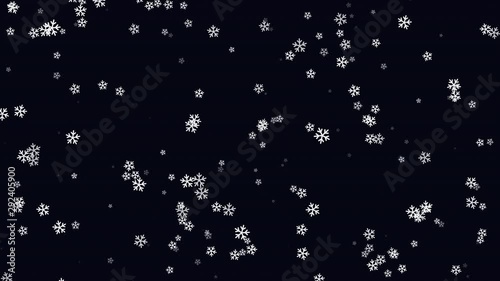 Snowflakes swirl in the sky. Looped video. 4K. Alpha channel. 3D render. New year, Christmas animated background. Flat style.