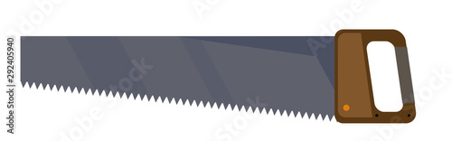 Saw on wood vector. For sawing boards, plywood and other materials. Tool installer, carpenter. Saw for construction and repair, needlework. Steel hacksaw for working with the board.