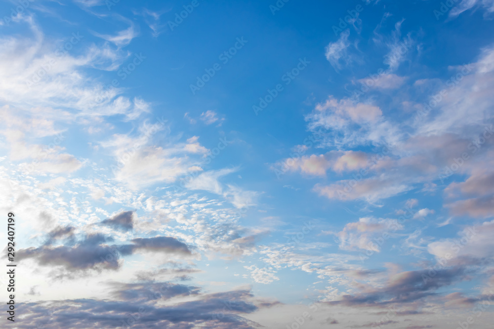 Beautiful cumulus and feather clouds background in the bright blue sky