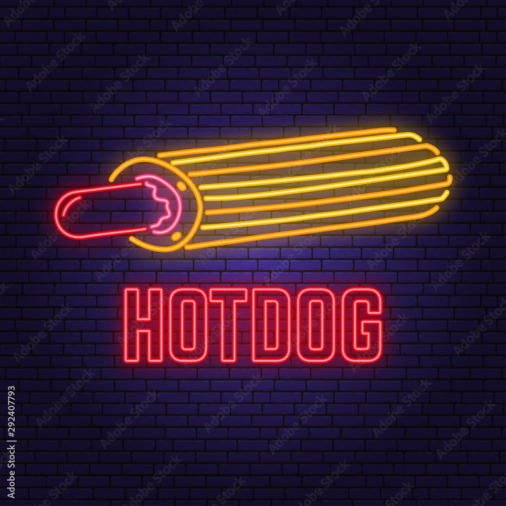 Neon hot dog france retro sign on brick wall background. Design for cafe,  restaurant. Vector. Neon design for pub or fast food business. Light sign  banner. Glass tube. Stock Vector | Adobe