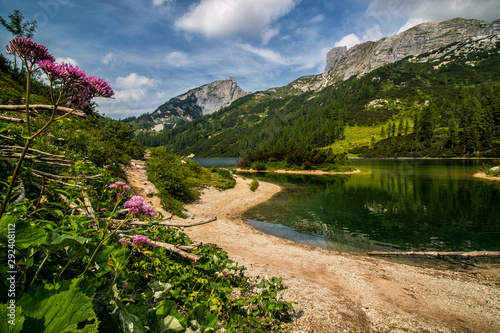 Obraz na płótnie Lake Steirersee in Austrian Alps near Tauplitzalm, Bad Mitterndorf village w salonie