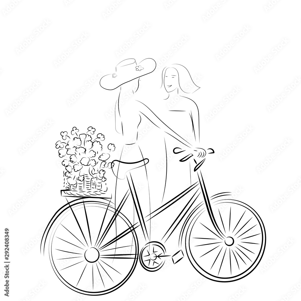 A lady is talking to another and holding a bicycle with flowers in a basket. A lady is talking to another and holding a bicycle with flowers in a basket.