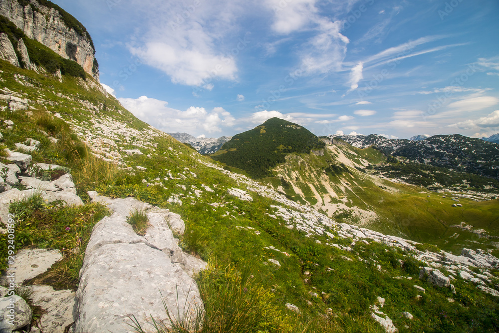 View to peak Brauningzinken and Brauningalm in Austria Alps near Altauusee village