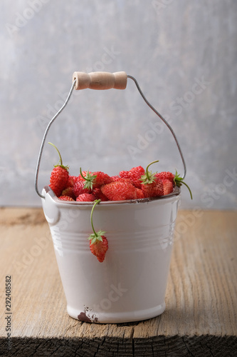 Wallpaper Mural A small white bucket of ripe, red, forest strawberries on the table. A new harvest. Torontodigital.ca