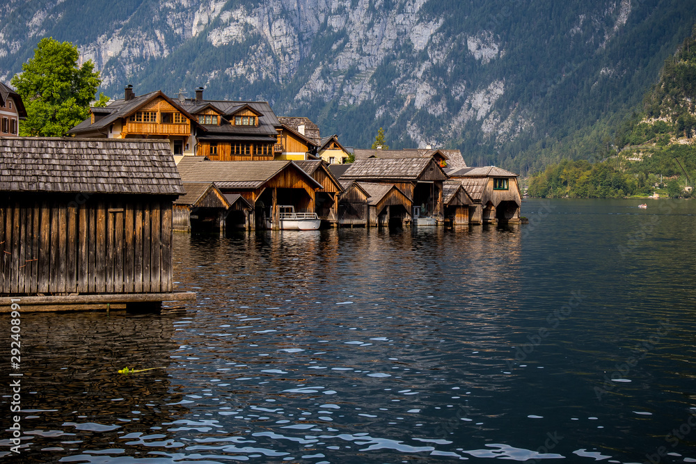 Fototapeta premium Touristic destination with wooden houses in Hallstatt, Austria, Central Europe