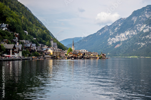 Traun lake and Hallstatt village in Austria, Central Europe