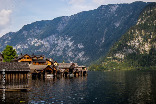 Touristic destination with wooden houses in Hallstatt, Austria, Central Europe