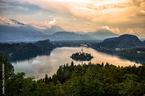 Bled lake with its church on the island, Slovenia, Europe
