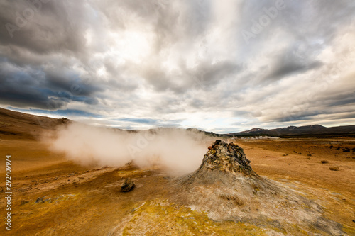 Scenery cloudy landscape of Hverir area with big fumarole