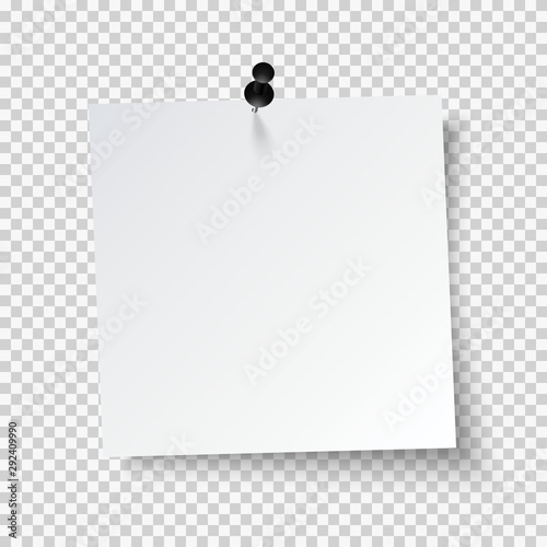 Blank note papers, pinned with a push pin on transparent background.