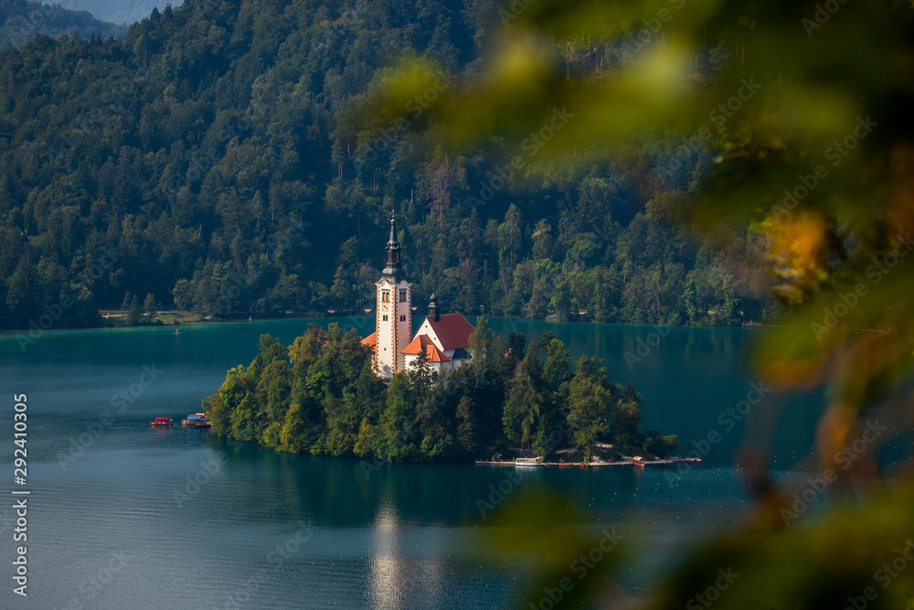 Famous Pilgrimage Church of the Assumption of Maria on an islang in the middle of the Bled Lake, Bled, Slovenia
