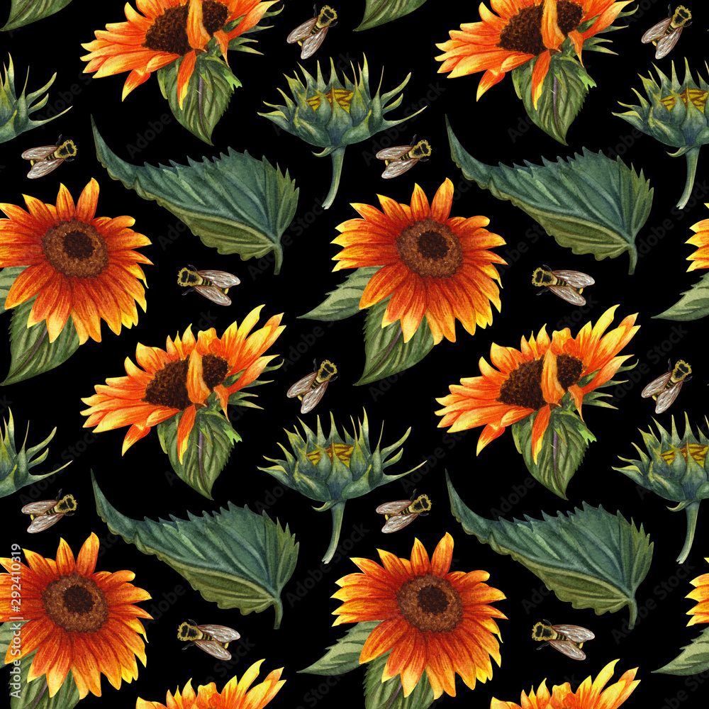 Seamless pattern with sunflowers and flies on black background ...