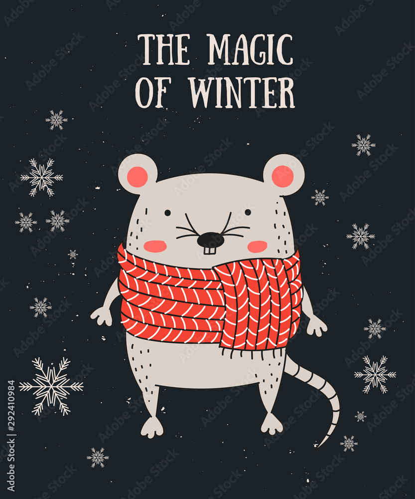 Vector banner with line drawing cute winter mouse. Creative poster with funny rat for New 2020 Year