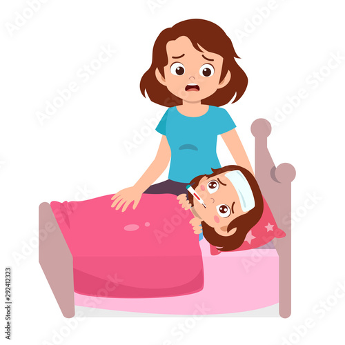 cute kid sick sleep in bedroom with mother
