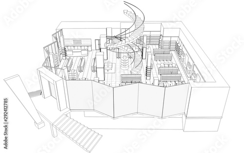 shopping mall, contour visualization, 3D illustration, sketch, outline