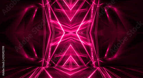 Light tunnel, dark long corridor room with neon lamps. Abstract red neon, background with smoke and neon light. Concrete floor, symmetrical reflection and mirroring. Pink neon © MiaStendal