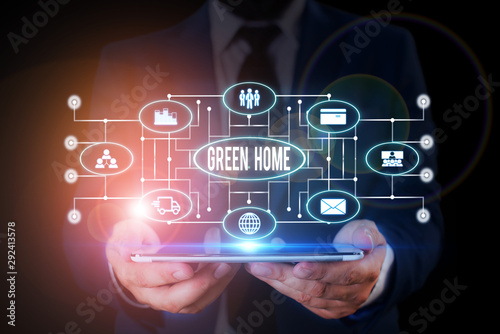 Handwriting text writing Green Home. Conceptual photo An area filled with plants and trees where you can relax Male human wear formal work suit presenting presentation using smart device