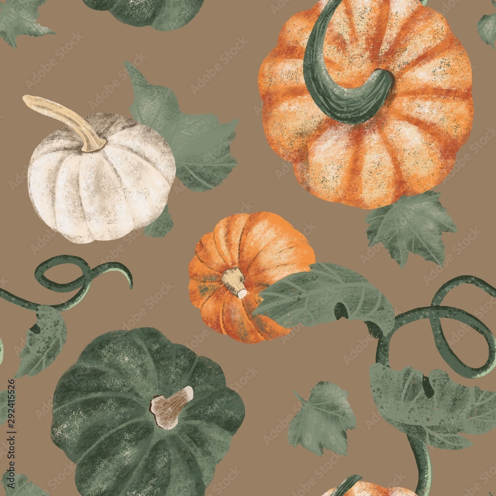 seamless harvest pattern on color background with digital hand drawn illustration of pumpkins and leaves