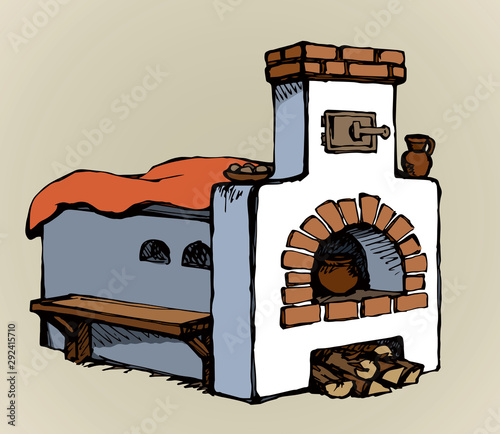 Old Russian stove. Vector drawing