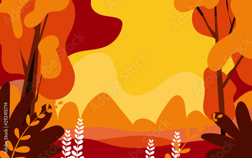 Vector illustration in flat linear style - autumn background - landscape illustration exploring autumn forest - greeting card design template 