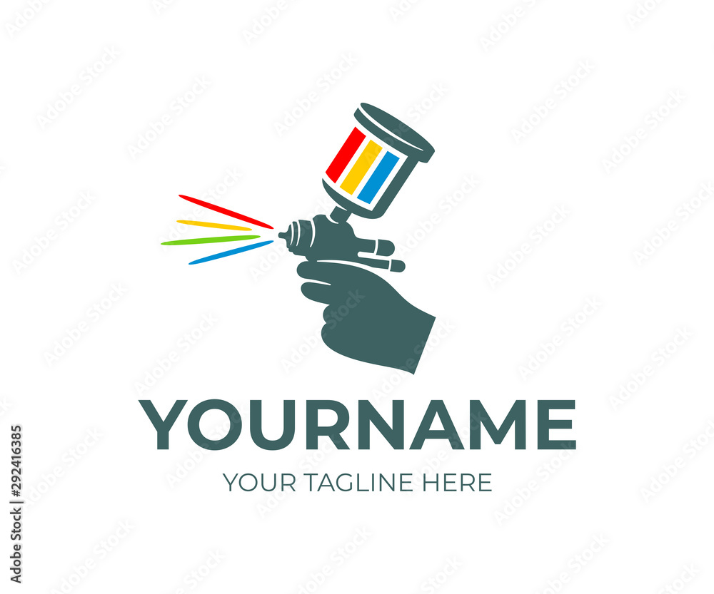 Hand holds spray gun for paint using twopack paints, logo design. Car