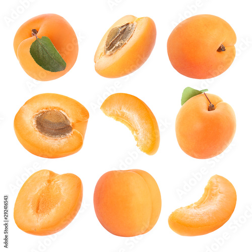 Collage of fresh ripe apricots on white background