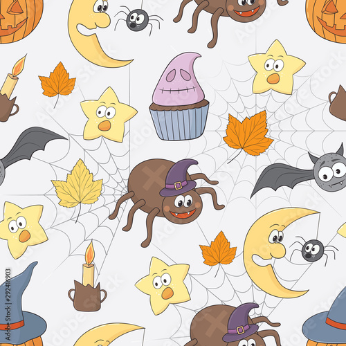 Vector seamless pattern with different funny objects spider  bat  cake  moon  and web. Good for halloween packing  prints and textile production