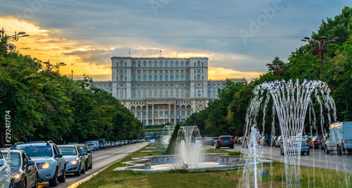 Parlament building or People's House in Bucharest city, at sunset