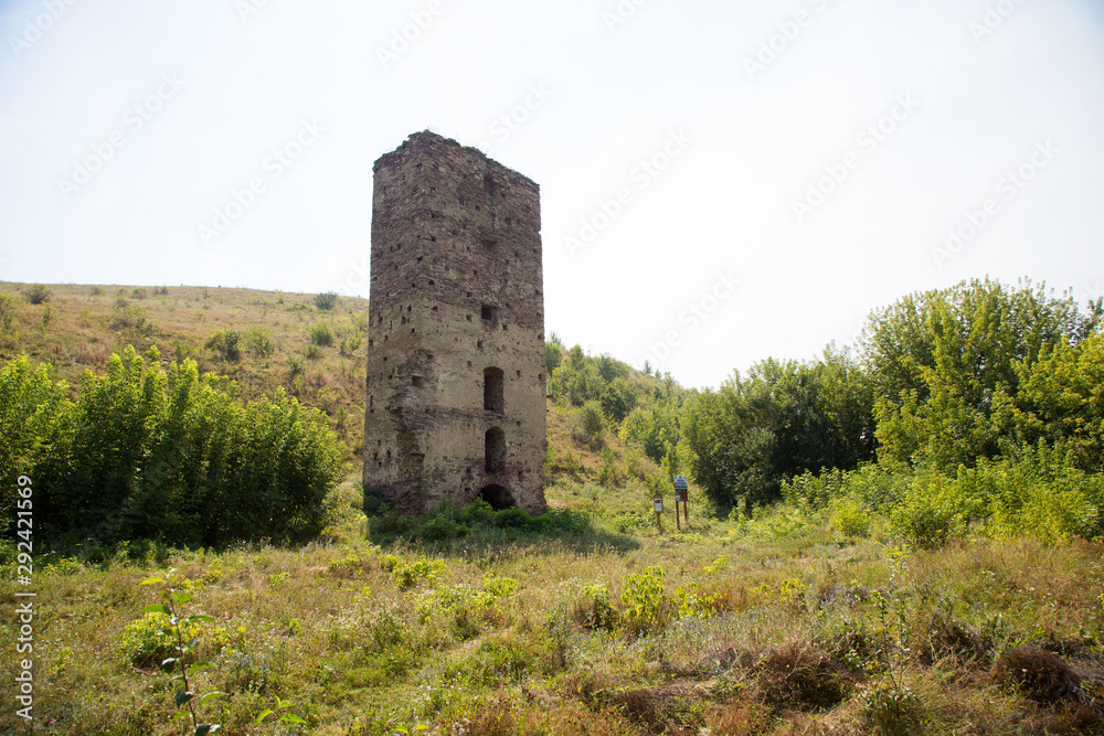 Castle in Rakovets village, Ukraine. Ruins of Rakovets Castle at sunny day. Outward appearance. Castle in Rakovets village, Ukraine. Ruins of Rakovets Castle at sunny day. Outward appearance.