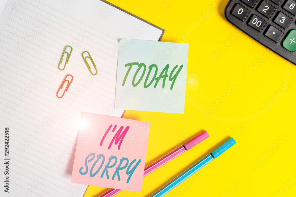 Text sign showing I M Sorry. Business photo showcasing Toask for forgiveness to someone you unintensionaly hurt Empty blue paper with copy space paper clips and pencils on the yellow table Text sign showing I M Sorry. Business photo showcasing Toask for forgiveness to someone you unintensionaly hurt Empty blue paper with copy space paper clips and pencils on the yellow table