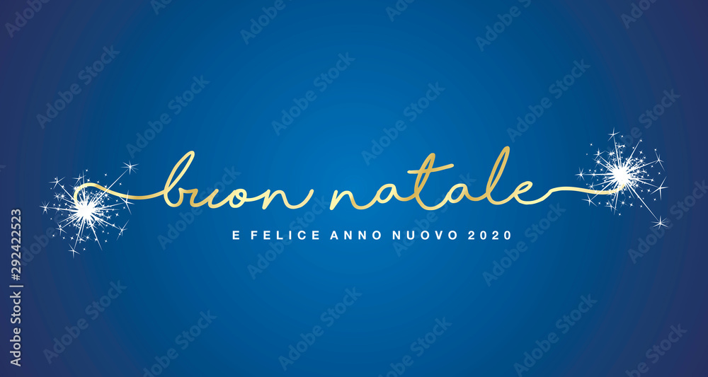 Merry Christmas and Happy New Year 2020 Italian language handwritten lettering tipography sparkle firework gold white blue background