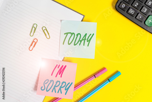 Text sign showing I M Sorry. Business photo showcasing Toask for forgiveness to someone you unintensionaly hurt Empty blue paper with copy space paper clips and pencils on the yellow table photo