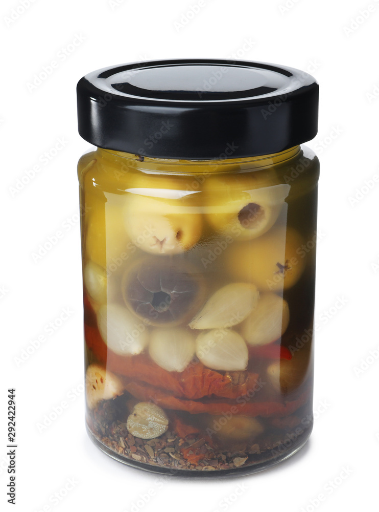 Jar with pickled vegetables on white background Jar with pickled vegetables on white background